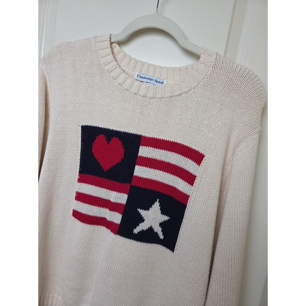 Vintage Cambridge Spirit Patriotic American Flag Sweater Cotton Crew 80s Size XL